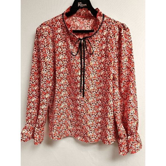 SHEIN Womens Ditsy Notched Flounce Long Sleeve Blouse Red Floral Small - Picture 1 of 4